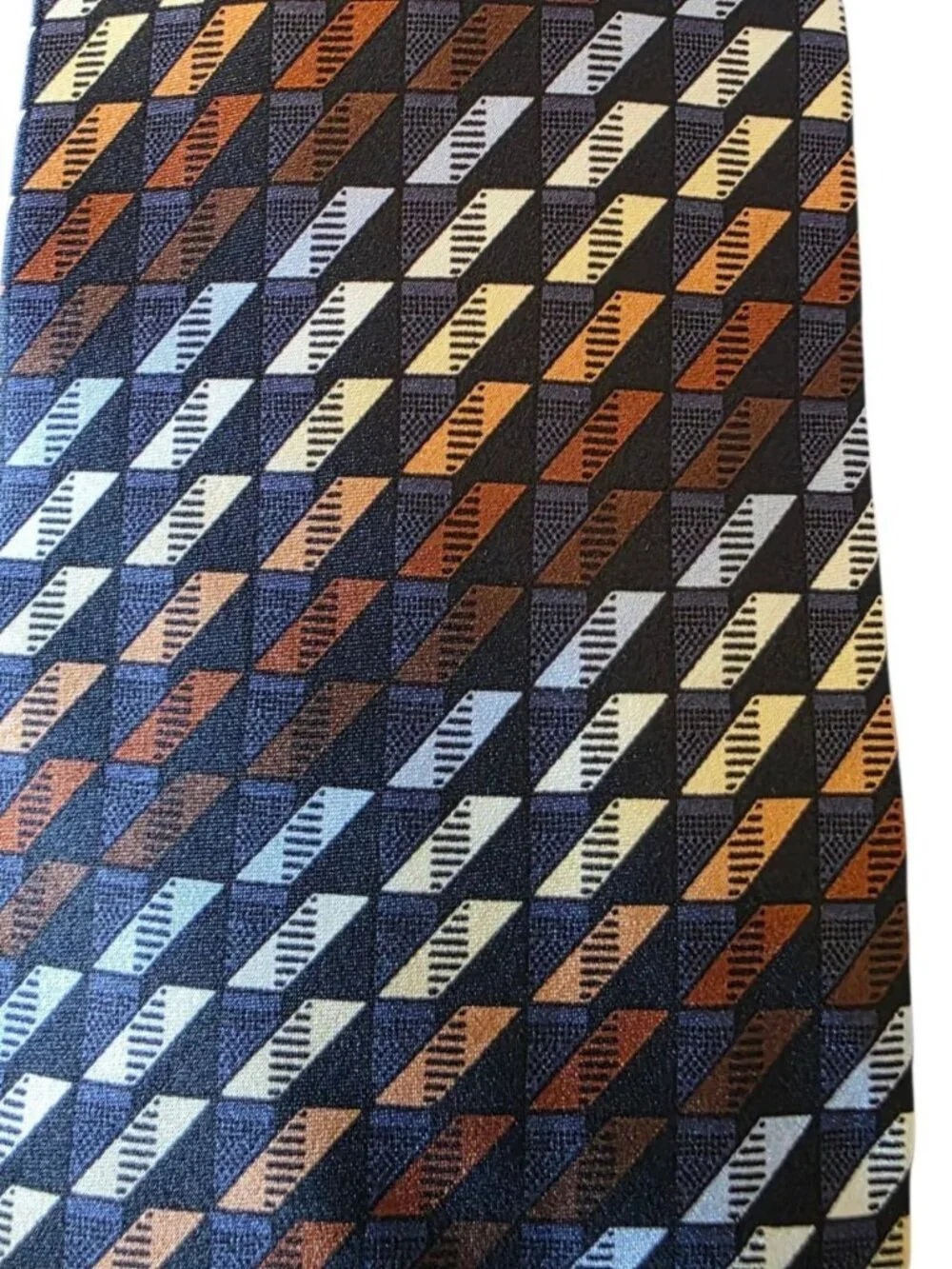 Kilburne & Finch Geometric Silk Tie Brown Blue Gold Retro Necktie 100% Silk